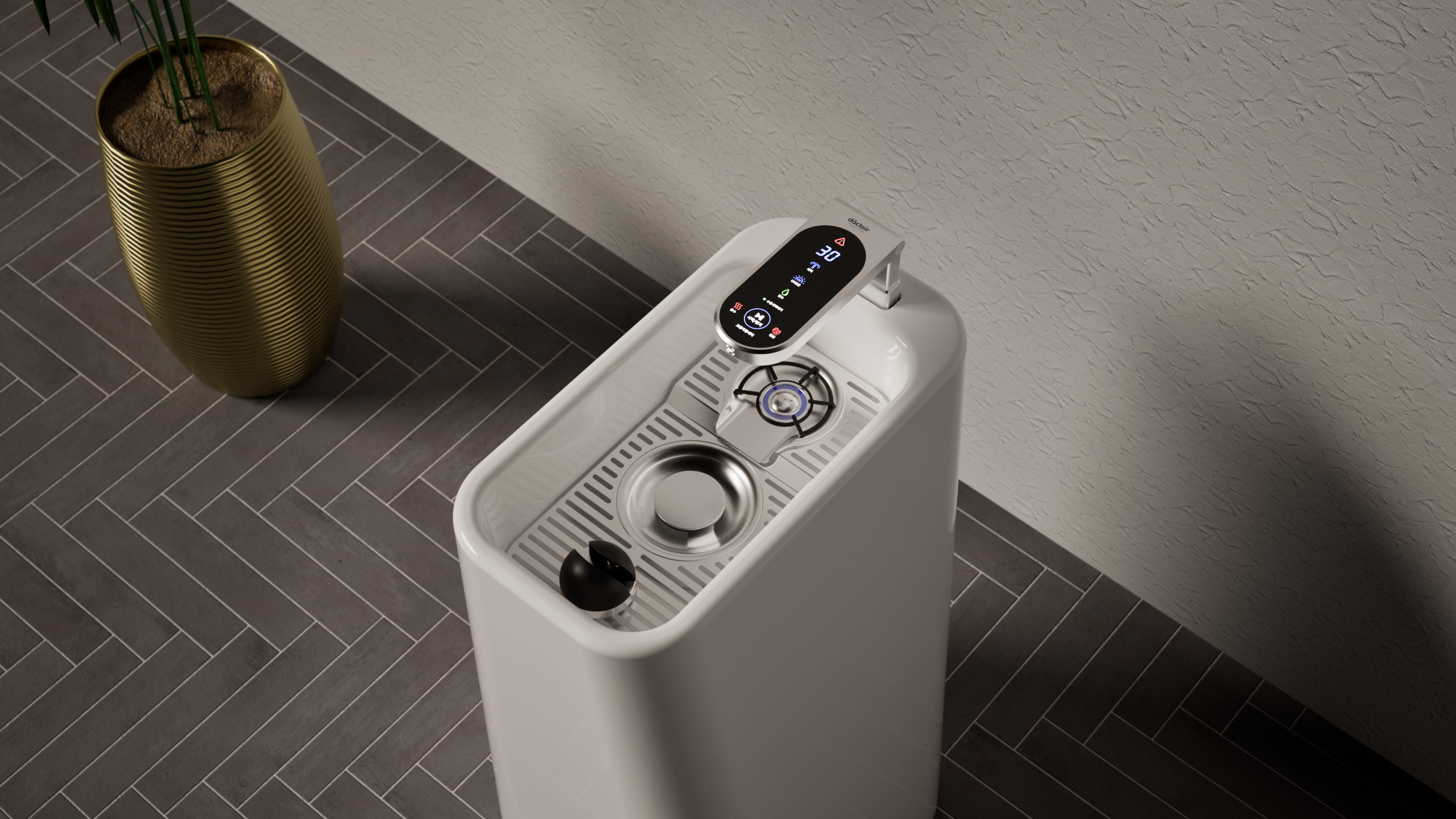도자기 베이스·터치 UI 텀블러 세척기, 탄소포인트 연동 디자인 by Nubrid, Ceramic-base touch UI tumbler washer integrated with carbon-point system design by Nubrid.